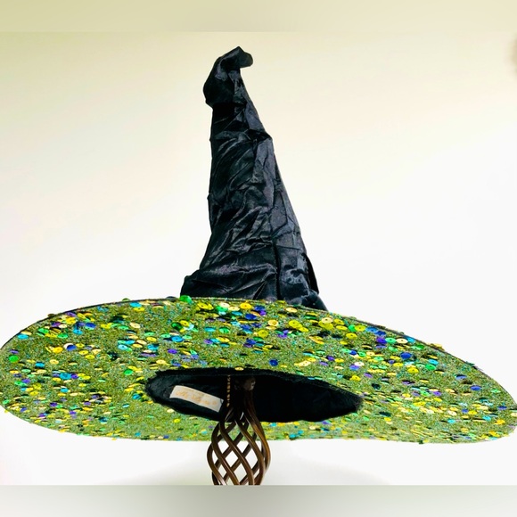 Witch hat, black satin Green sparkles, extra large, green butterfly & spiders OS - Picture 5 of 15